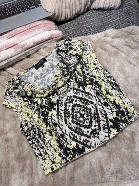 Worthington Black, White & Yellow Patterned Cowl Neck Crop Top